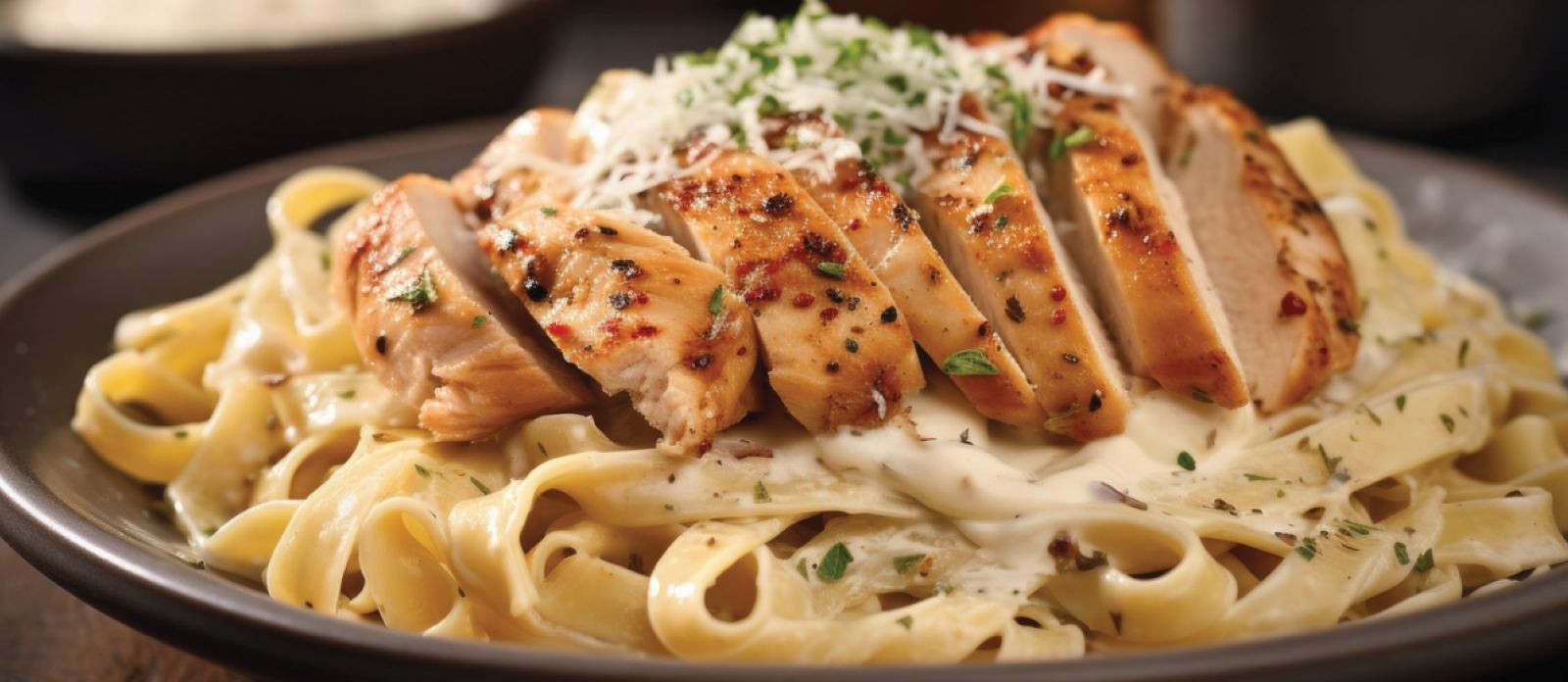 Fettuccine alfredo topped with sliced grilled chicken and grated parmesan