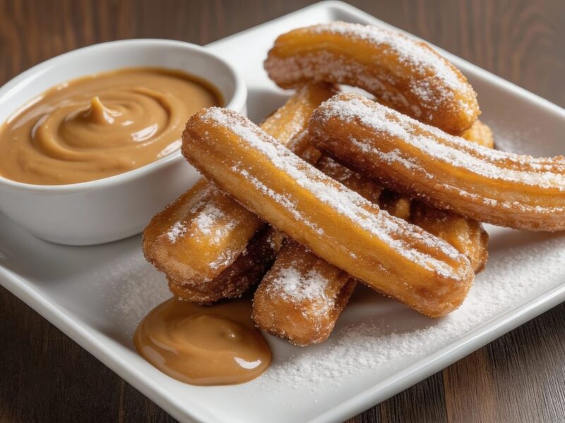 Churros rolled in cinnamon sugar with dulce de leche