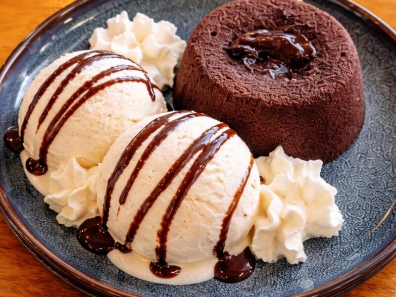 Petit gateau with vanilla ice cream