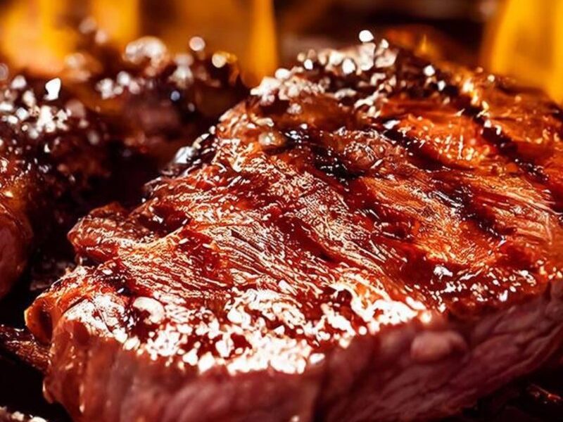 A whole picanha, fat cap up, sliced into thick portions on a wooden board