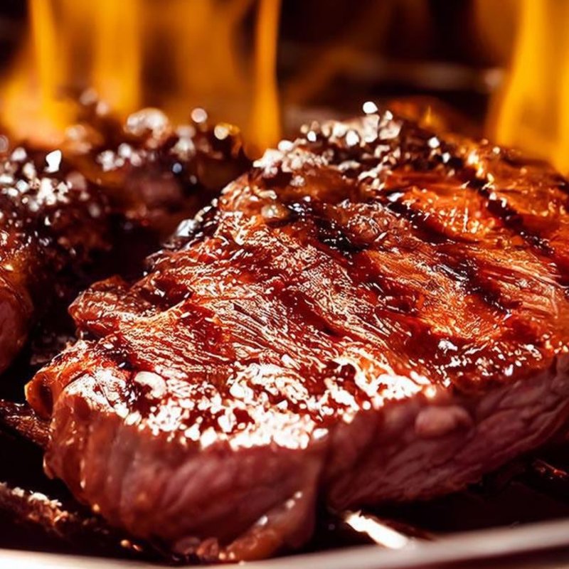 A whole picanha, fat cap up, sliced into thick portions on a wooden board